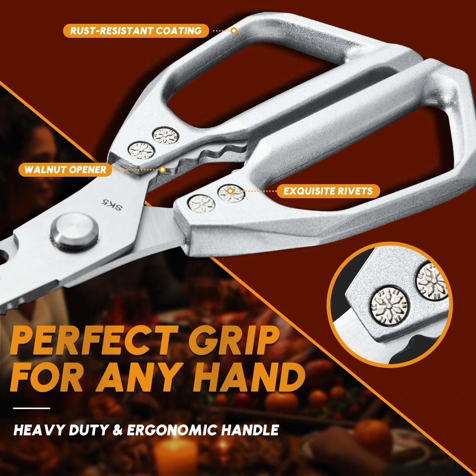 Dream Reach Kitchen Scissors Set Silver - Upgraded Stainless Steel Kitchen Shear, Sharp Meat Scissors Dishwasher Safe, Heavy Duty Poultry Shears, Japanese Cooking Scissor for Food, Chicken Bones