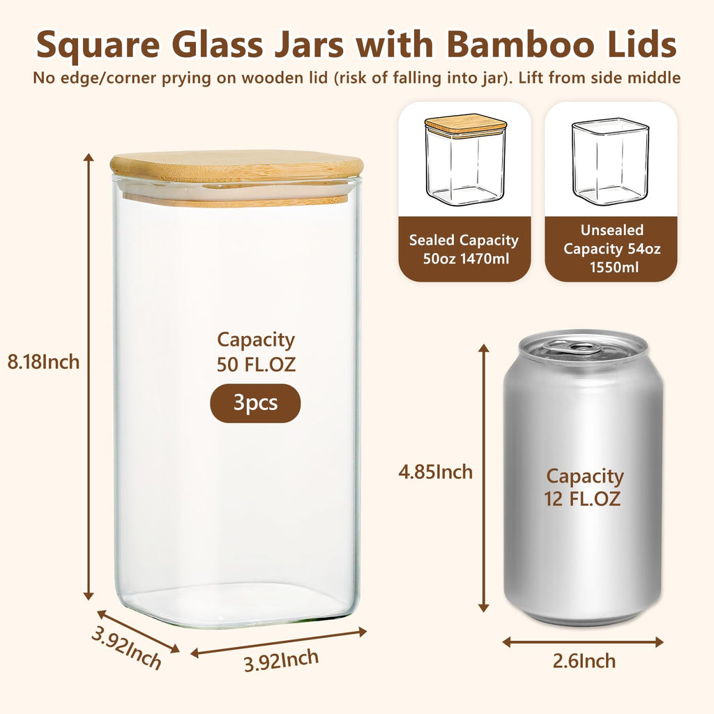 KEYWING 50oz Airtight Glass Storage Containers with Lids Set of 3, Square Glass Jars with Bamboo Lids, Kitchen Pantry Storage Canister for Flour, Sugar, Cereal, Coffee Beans, Pasta, Cookies & Tea