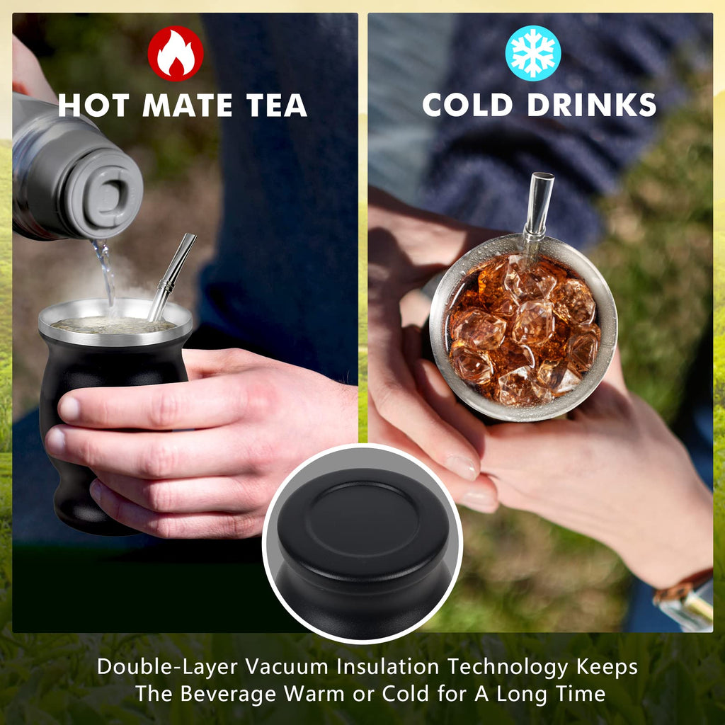 ROCKY&CHAO 9 Oz Yerba Mate Cup, Tea Cup Set Include Stainless Steel Modern 2 Bombilla Straws, Cleaning Brush and BPA Free Lid, Double-Walled Hot & Cold Drink, for Tea, Coffe(Gourd-Black)