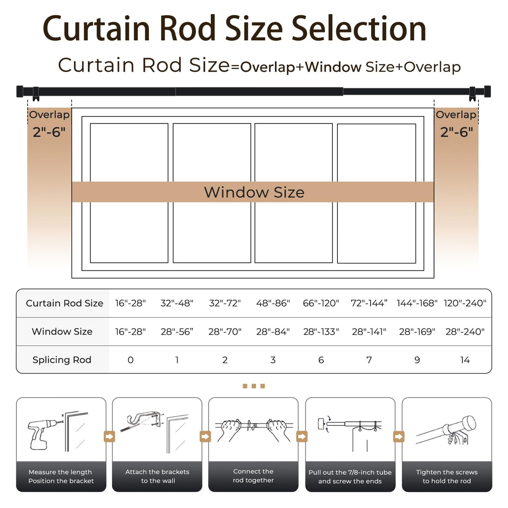 Zeerobee Curtain Rods for Windows 48 to 84, 1 Inch Black Heavy Duty Drapery Rods with Adjustable Length, Outdoor Modern Curtain Pole with Simple End Caps, 32"-86", Black