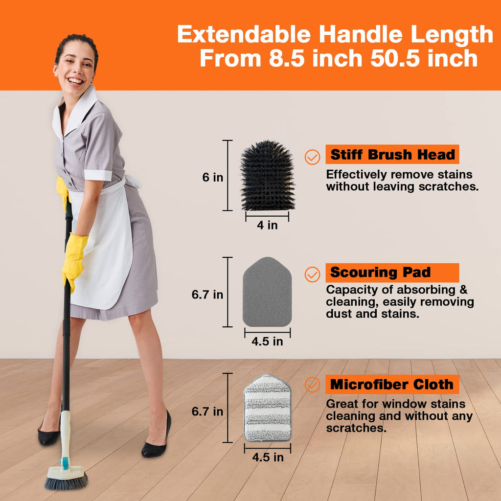 3 in 1 Scrub Cleaning Brush with Long Handle 51'' - Shower Bathtub Tub & Tile Scrubber Brush Include 1 Stiff Brush Head & 3 Scouring Pads & 3 Microfiber Clothes, for Wall Bathroom Glass Bathtub(White)