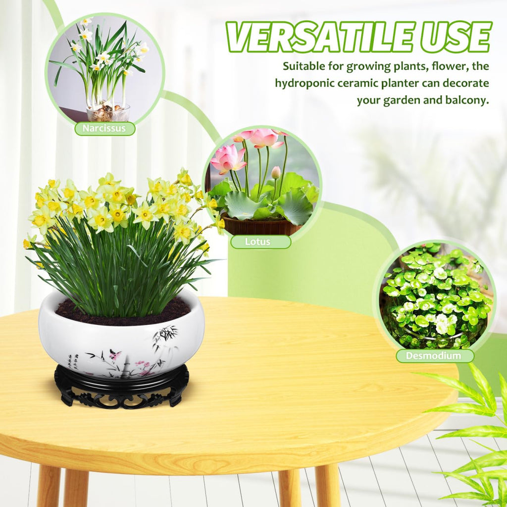 YARNOW Hydroponic Ceramic Planter Pot with Base 6.88 Inch Porcelain Flower Pot for Indoor Succulent Plants Orchid Bonsai Home and Office Garden Decor