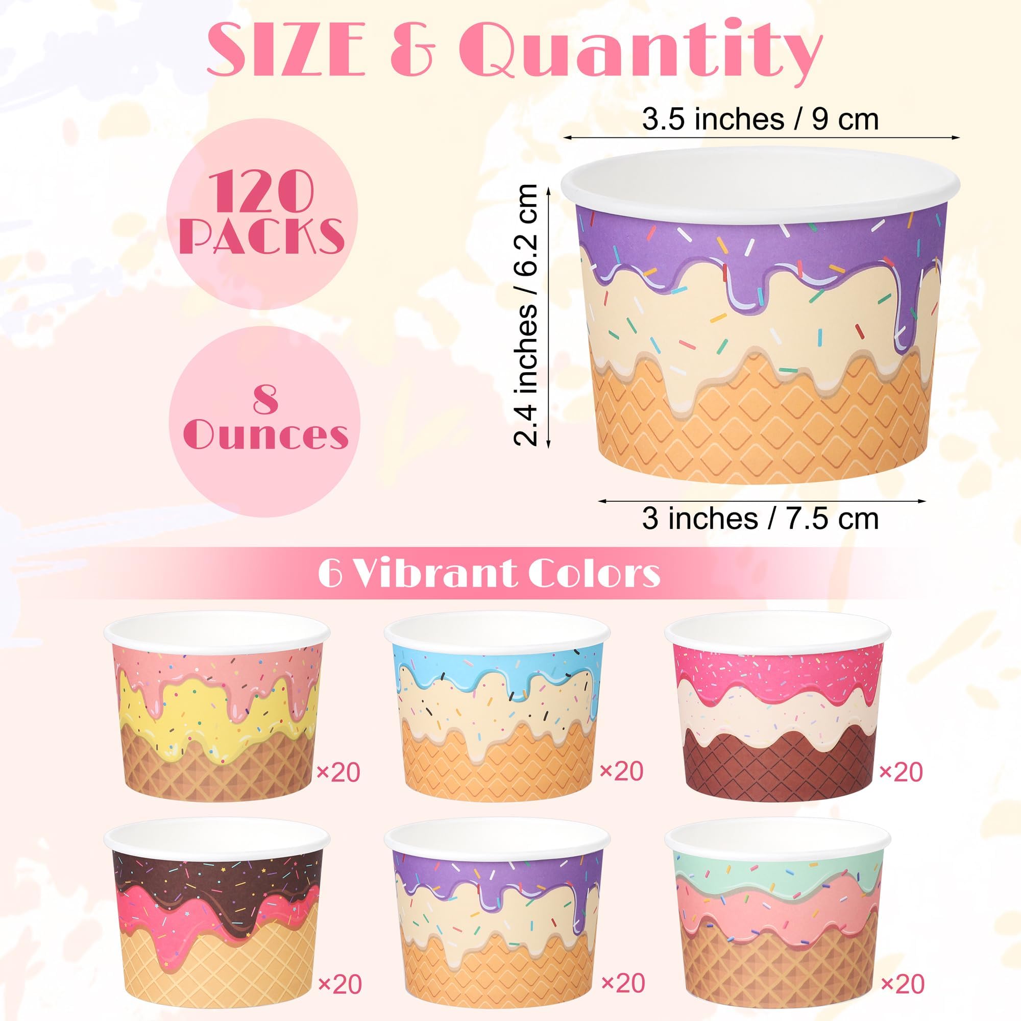 Kochorie 120 Pieces Paper Ice Cream Cups 8 Ounces Disposable Dessert Bowls Ice Cream Containers Sundae Bowls Party Supplies Treat Cups for Hot and Cold Sundae Soup Frozen Yogurt, 6 Designs