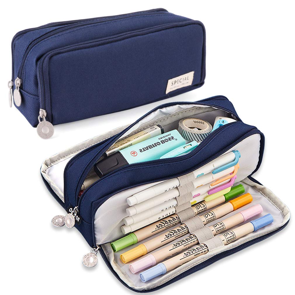 iSuperb Large Pencil Case 3 Compartments Pencil Pouch Big Capacity Pencil Bag Oxford Stationery Storage Pen Bag Cosmetic Makeup Pouch for Women Girls (Navy Blue)