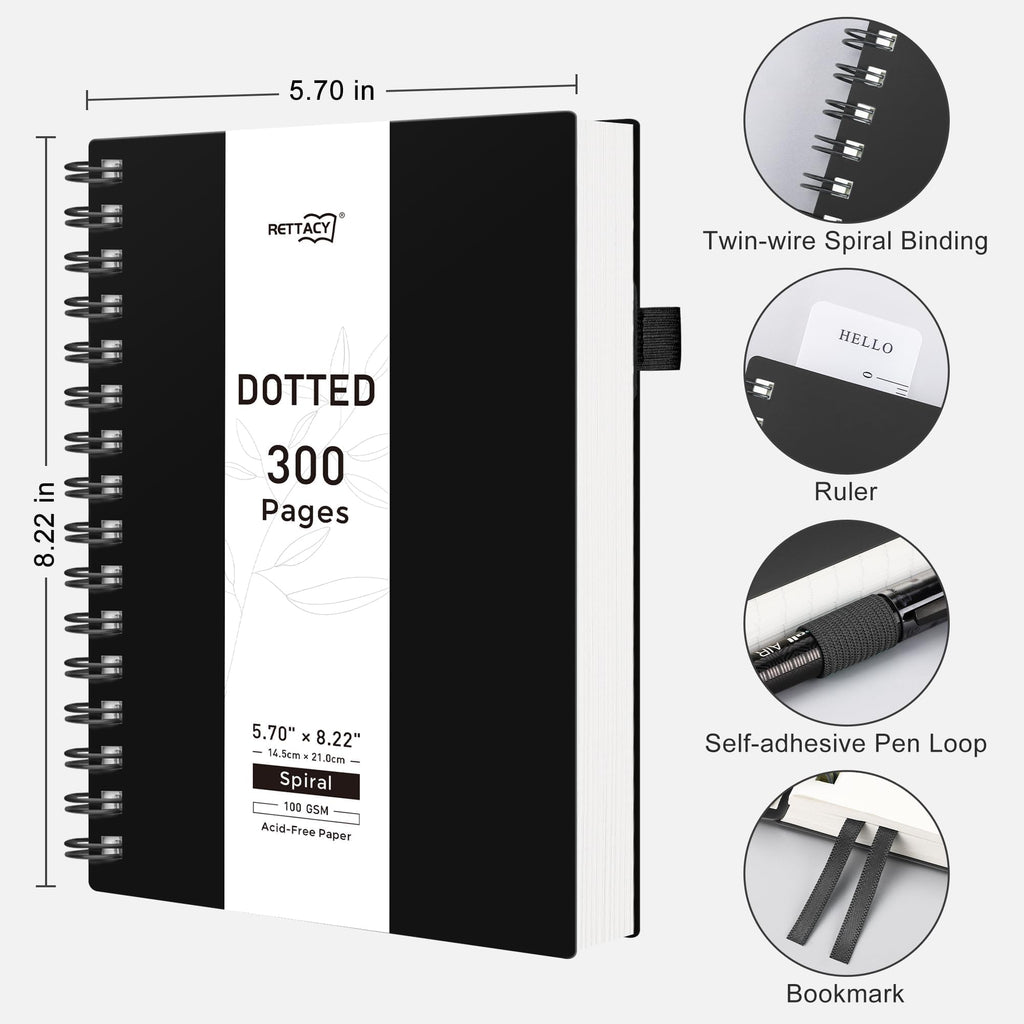RETTACY Dotted Journal Notebook, 300 Pages, A4 Large Size (21 x 28 cm), 100 GSM Thick Paper, Flexible Plastic Cover, Spiral-bound, for Journaling, Planning, Tracking (Black)