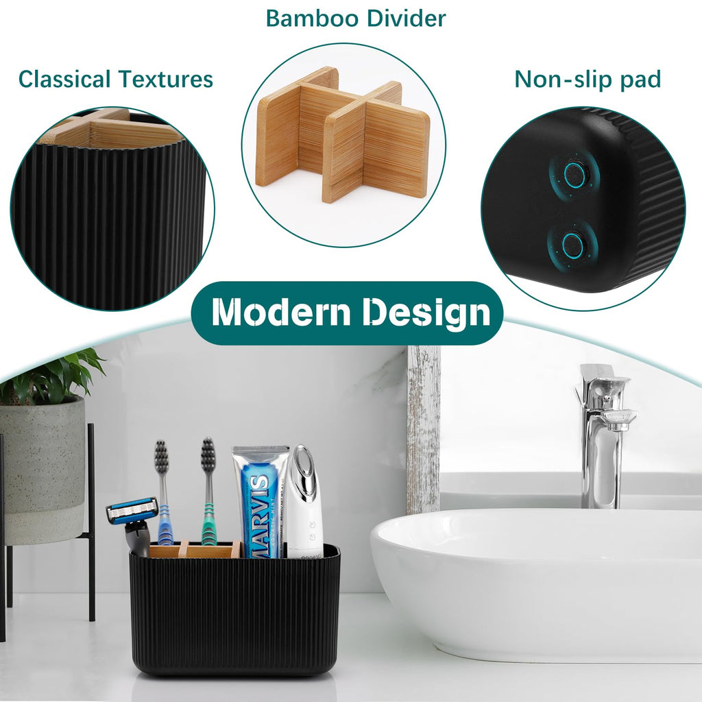 GFWARE Black Toothbrush Holder Bathroom Organization - 5 Slots Bamboo Toothbrush Holders for Bathrooms Countertop Accessories Kids Tooth Brush Holder for Bathroom Organizers and Storage