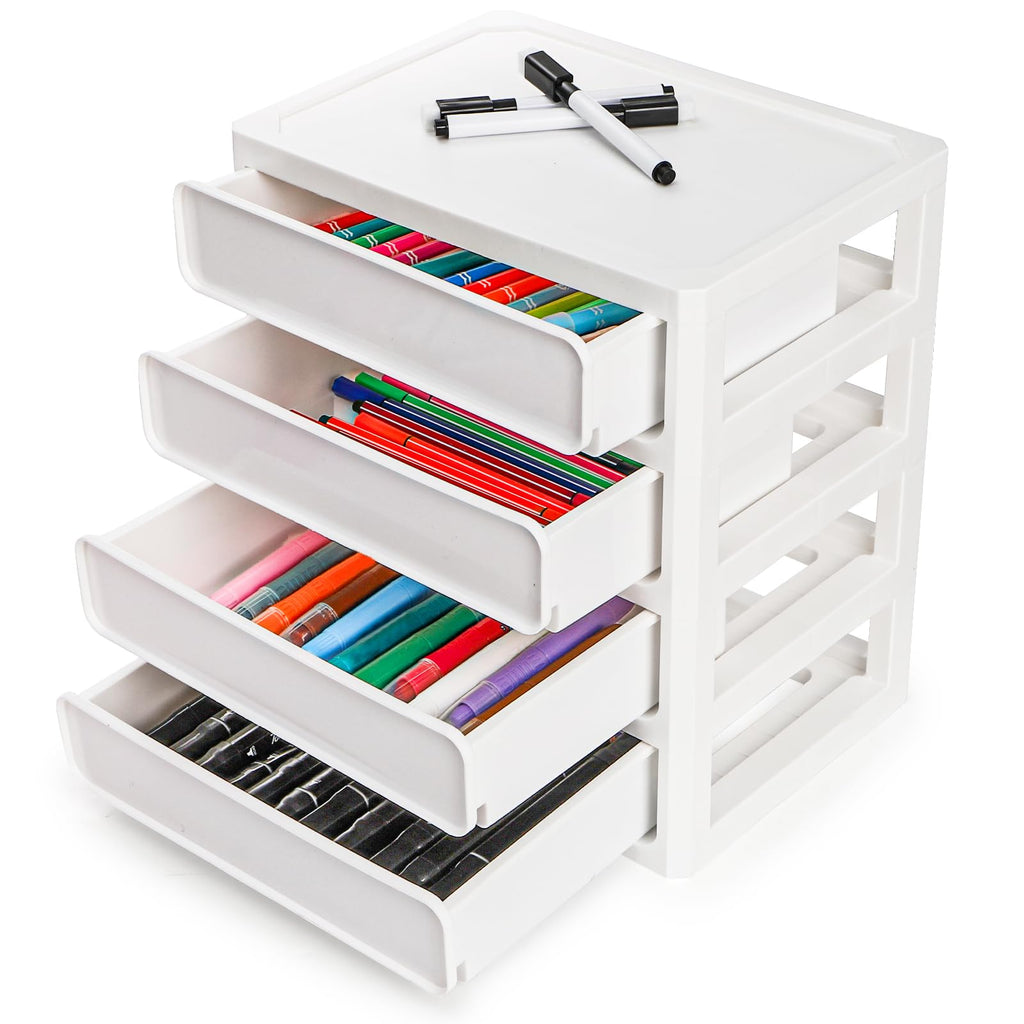 Covzoe 4 Drawer Desktop Storage Unit, 4 Layer Plastic Stacking Tabletop Organizer, White Storage Bin Container with Sliding Drawers, Desk Stationery Organizer Box for Home Classroom Office