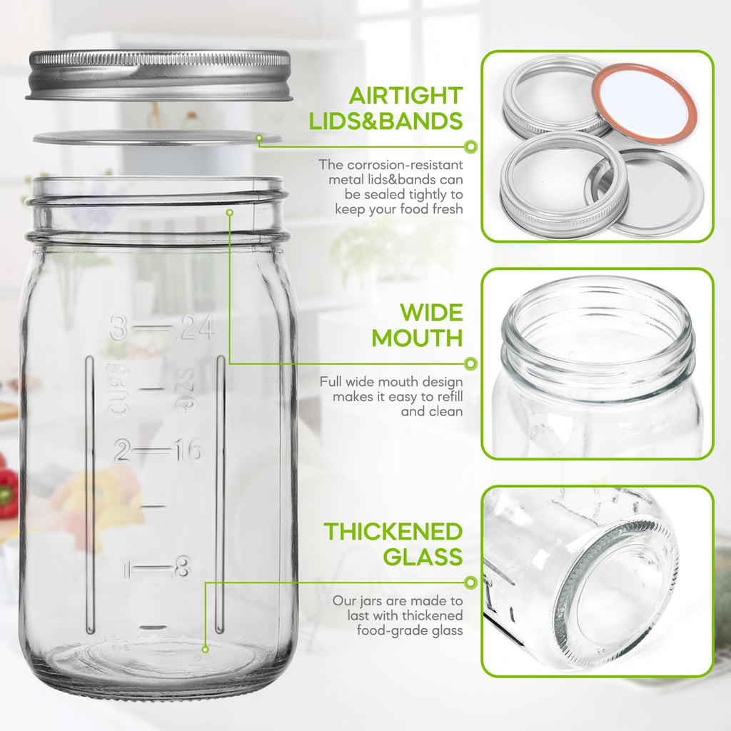 Alotpower 32 oz Mason Jars 4Pack,Empty Wide Mouth Mason Jars 32 oz with Lids&Bands/Stickers/Marker/Bottle Brush(32fl.oz, Set of 4)
