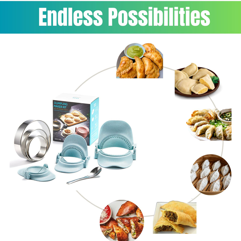 MUMSUNG Empanada Maker Press, 4Size (6"+4"+3"+2.6") Professional Dumpling Maker Mold kit with Dough Cutter and Filling Spoon, Fast to Make Empanadas Jamaican Beef Patties Pierogi pastelitos, Sky Blue