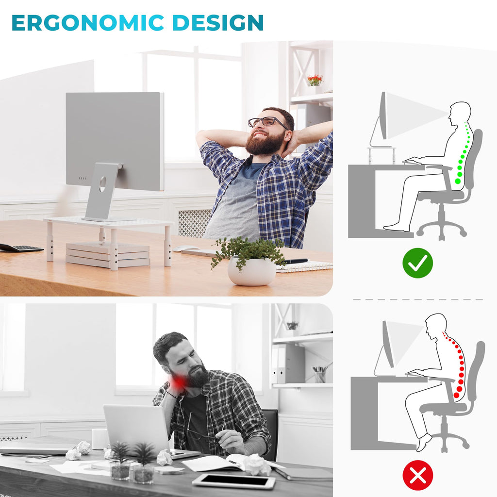 BONTEC 2 Pack Monitor Stand Riser, 3 Height Adjustable Monitor Stand for Desk, Computer Monitor Riser Stand with Mesh Platform for Laptop, Computer, iMac, PC (White)