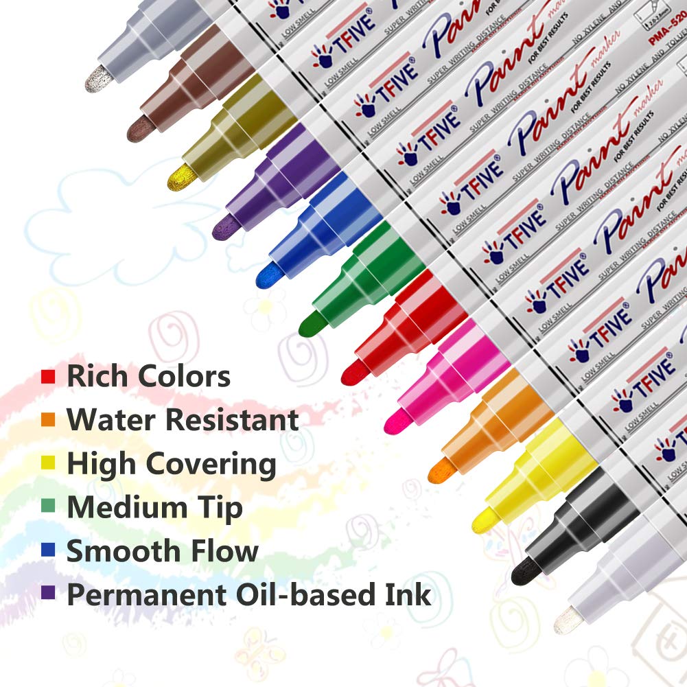 Paint Pens Paint Markers Never Fade Quick Dry and Permanent,12 Color Oil-Based Waterproof Paint Marker Pen Set for Rock Painting, Stone, Ceramic, Wood, Fabric, Plastic, Canvas, Glass, Mugs, DIY Craft