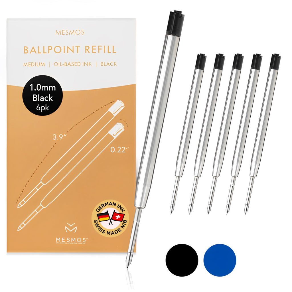 MESMOS 6 Pack 3.9 inch (9.8cm) Pen Refills, Compatible with Parker Pen, Replacement Ink Refills, 1.0mm Smooth Writing Tip Ballpoint Cartridge (Ballpoint - Black Ink 1mm)