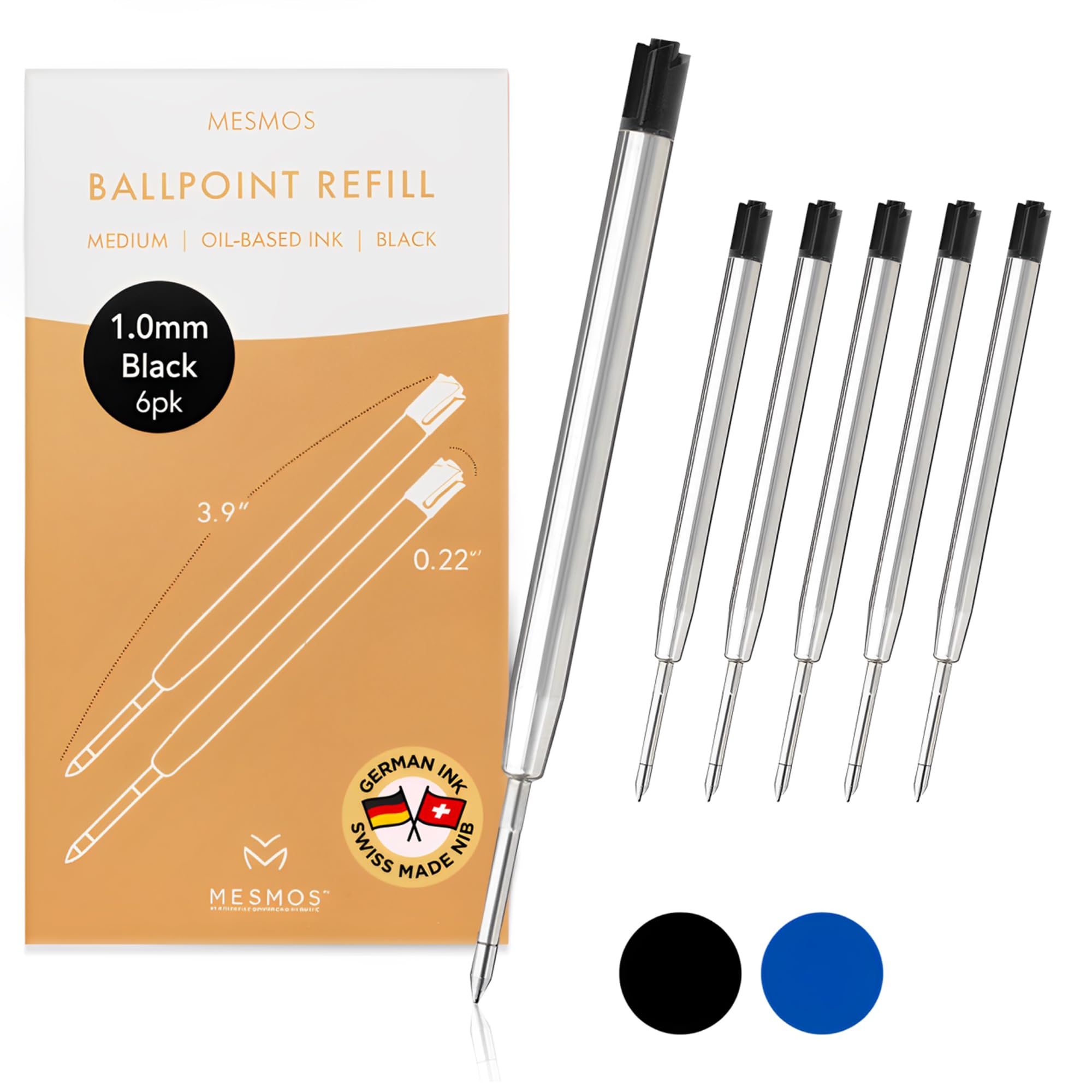 MESMOS 6 Pack 3.9 inch (9.8cm) Pen Refills, Compatible with Parker Pen, Replacement Ink Refills, 1.0mm Smooth Writing Tip Ballpoint Cartridge (Ballpoint - Black Ink 1mm)