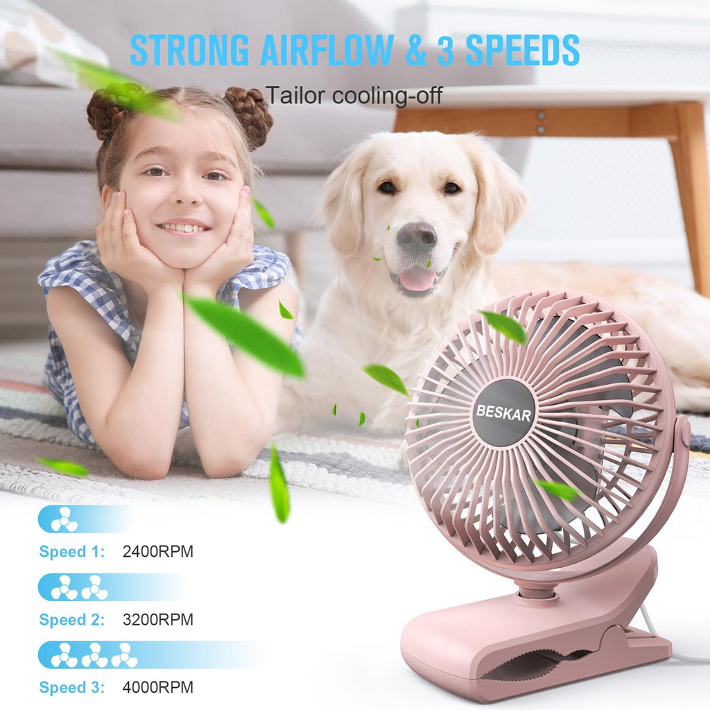 BESKAR USB Powered Clip on Fan, Portable Small Fan with Cord, 3 Speeds Strong Airflow, Personal Fan with Sturdy Clamp, Quiet Desk Fan & Clip Fan