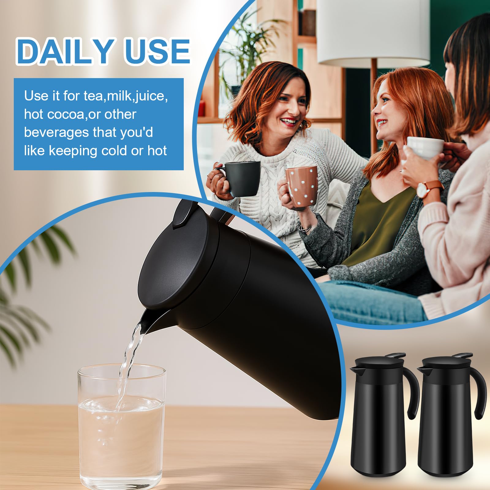 2 Pcs Thermal Coffee Carafe for Keeping Hot/Cold, 27oz Stainless Steel Double Wall Vacuum Carafe,Small Thermal Pot Flask for Coffee,Tea,Hot Water,Hot Beverage(Black)