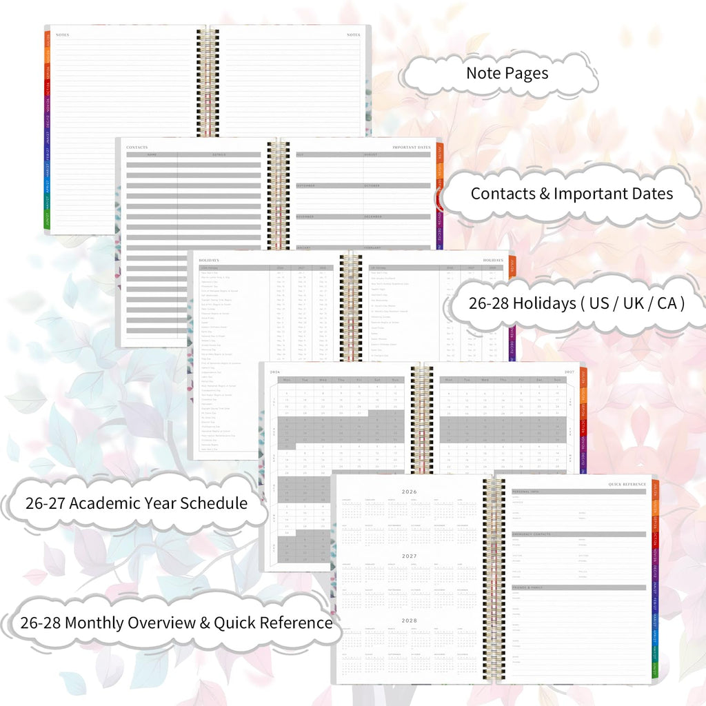2026-2027 Appointment Book Weekly Quarter-Hourly, July 2026 - June 2027 Agenda 2026-2027 Academic Planner with Colorful Tabs, 8.5"x11", Spiral Binding, Hardcover, Note Pages, Pockets