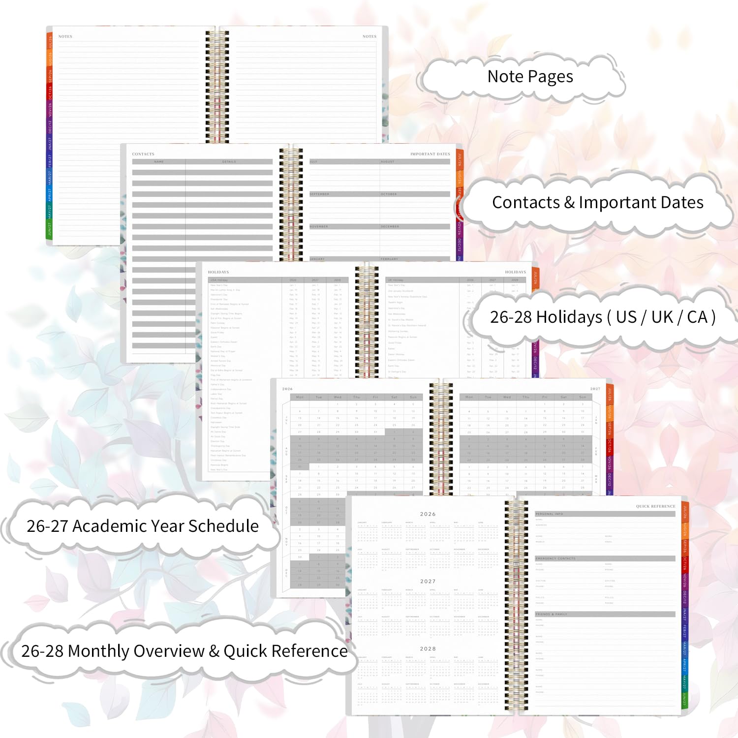 2026-2027 Appointment Book Weekly Quarter-Hourly, July 2026 - June 2027 Agenda 2026-2027 Academic Planner with Colorful Tabs, 8.5"x11", Spiral Binding, Hardcover, Note Pages, Pockets