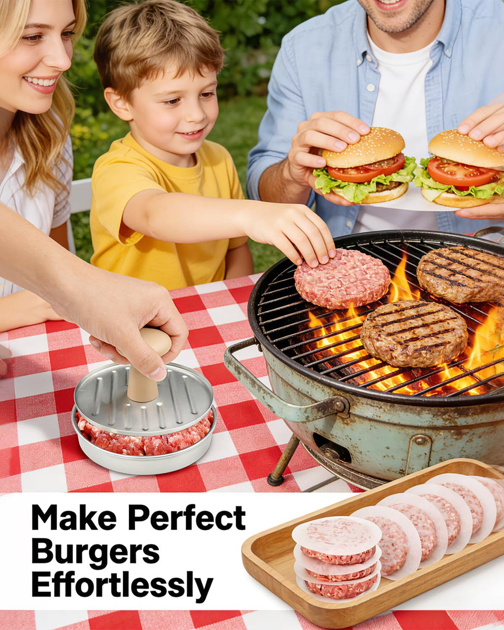 Burger Press, 5”Stainless Steel Hamburger Press Patty Maker, Non-Stick Hamburger Press for Making Patties, for Grilling and Cooking, Comes with 100 Pieces of Wax Paper