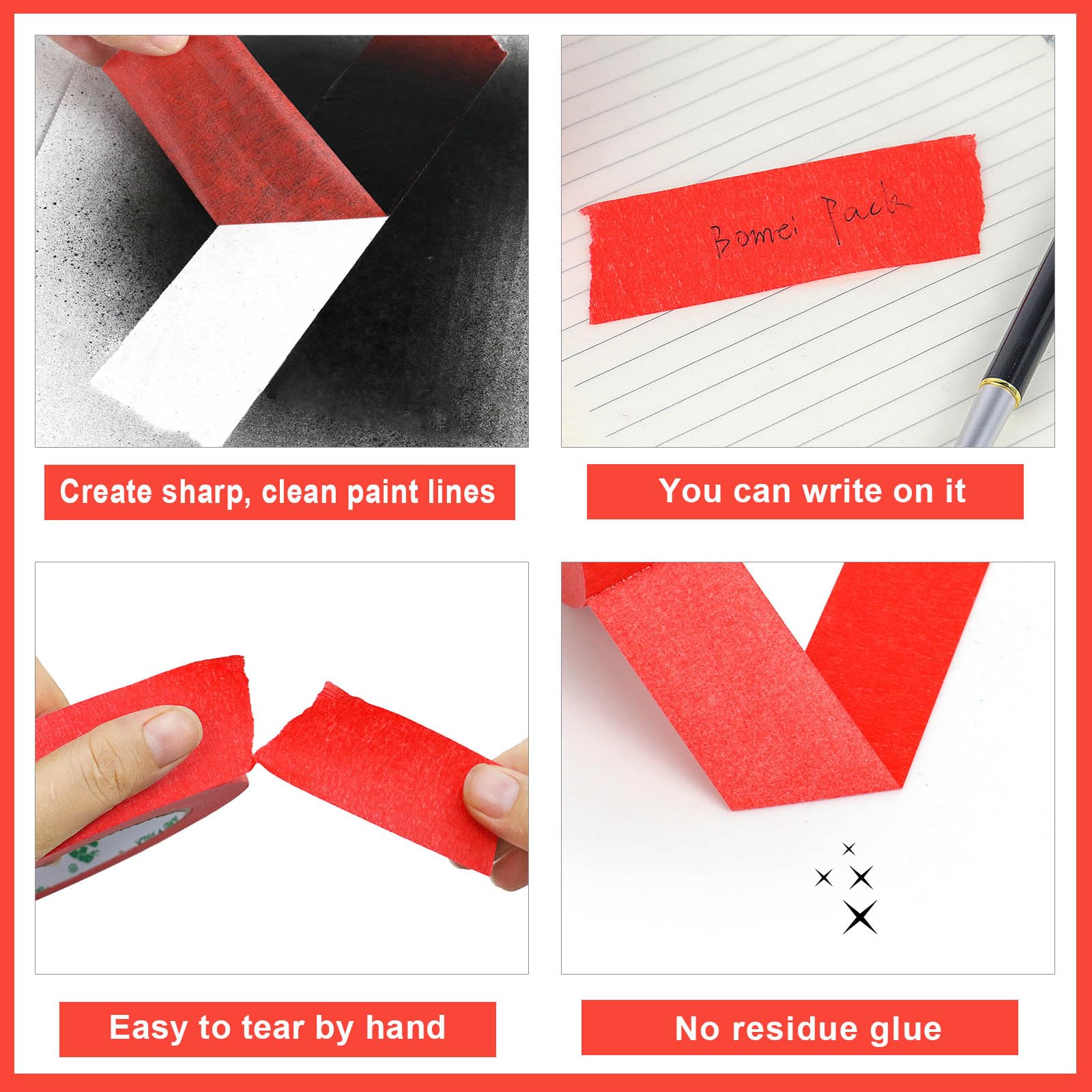 BOMEI PACK 5Rolls Red Masking Tape 36mm x 55yds, General Purpose Red Painters Tape for Painting, Labeling, DIY Crafting, Decoration and School Projects, Total 275yds