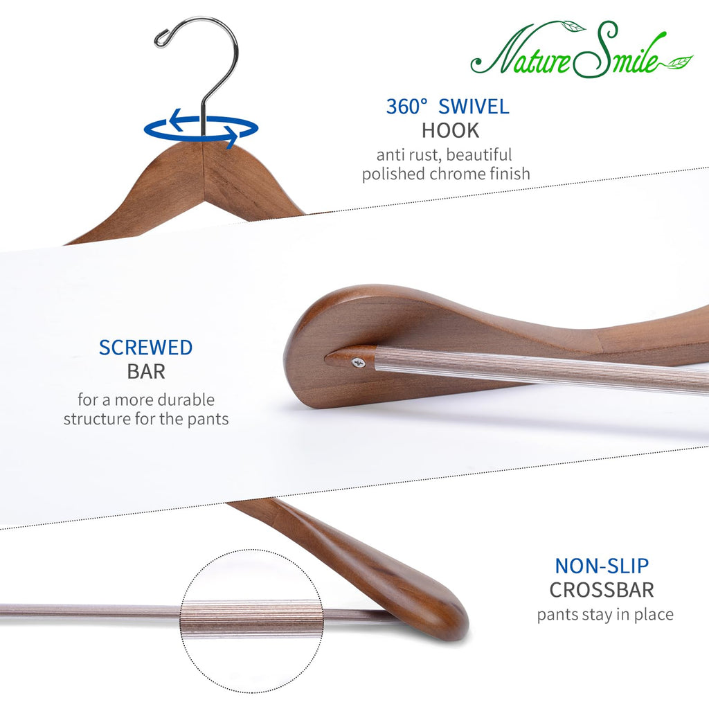 Nature Smile Luxury Wooden Suit Hangers 6 Pack Wood Coat Hangers Jacket Outerwear Shirt Hangers,with Extra-Wide Shoulder, 360 Degree Swivel Hooks & Anti-Slip Bar with Screw(Retro Color)