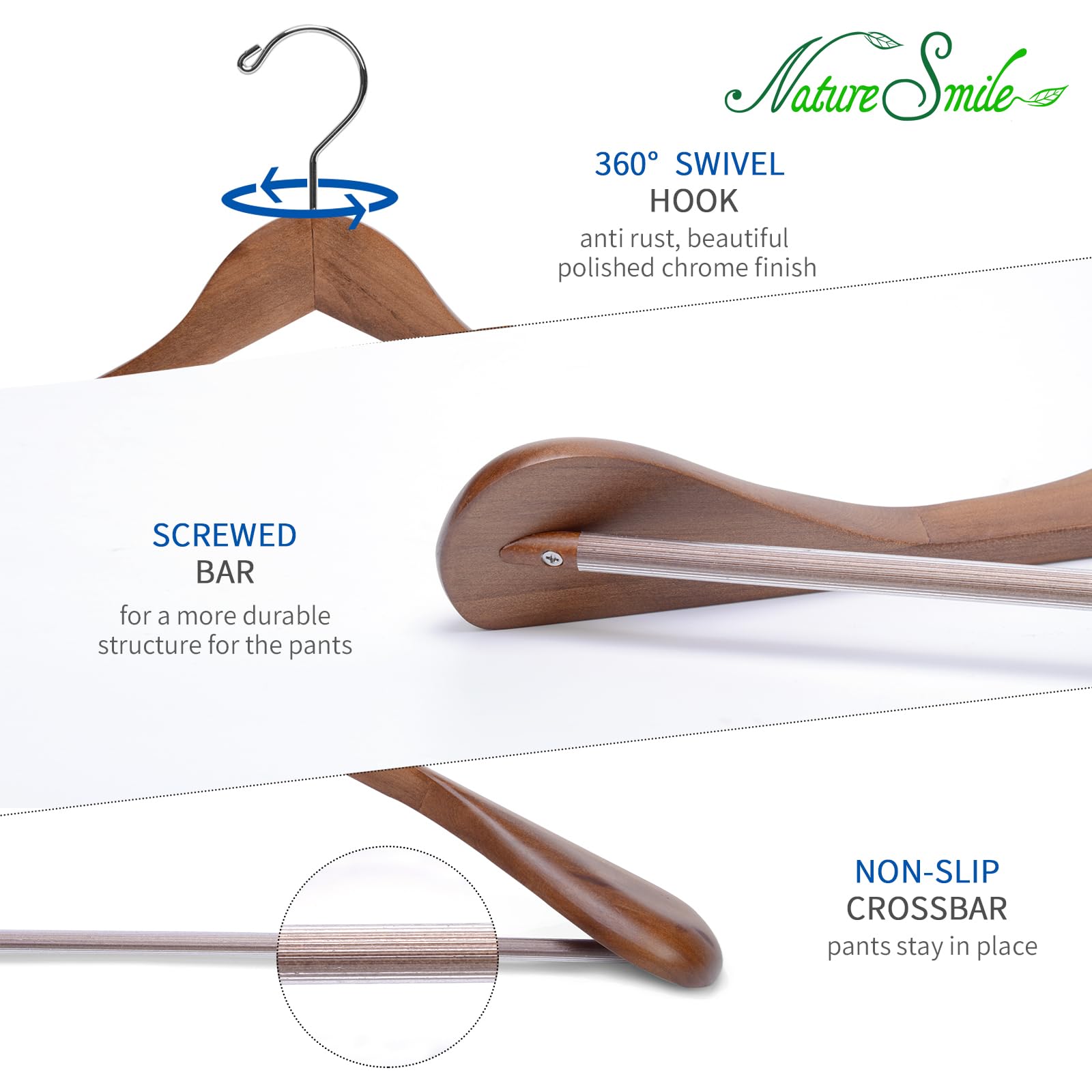 Nature Smile Luxury Wooden Suit Hangers 6 Pack Wood Coat Hangers Jacket Outerwear Shirt Hangers,with Extra-Wide Shoulder, 360 Degree Swivel Hooks & Anti-Slip Bar with Screw(Retro Color)
