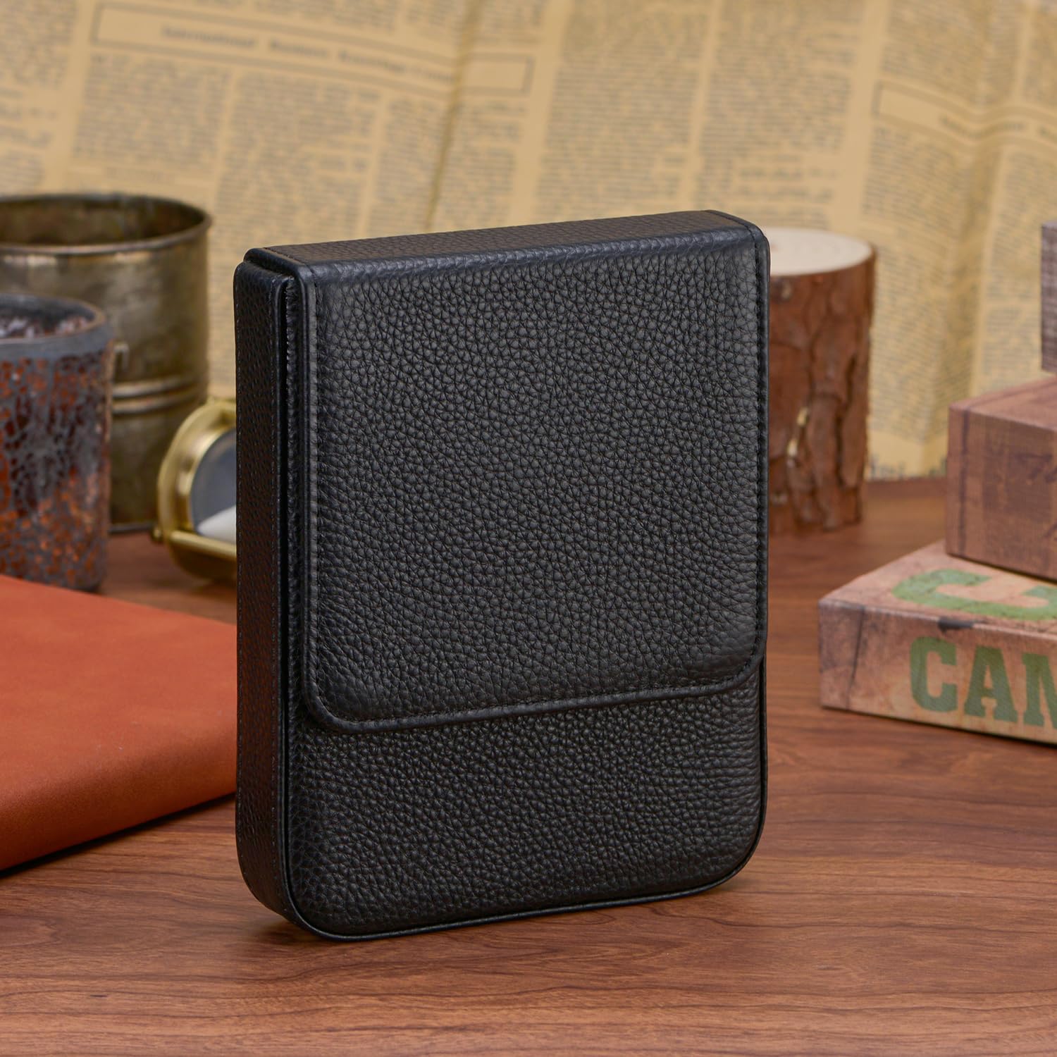 Lanxivi Fountain Pen Cover Genuine Leather Organizer Portable Pen Pouch Drawer Style, Black-6 Slots, 6 Slot, 6 Slots