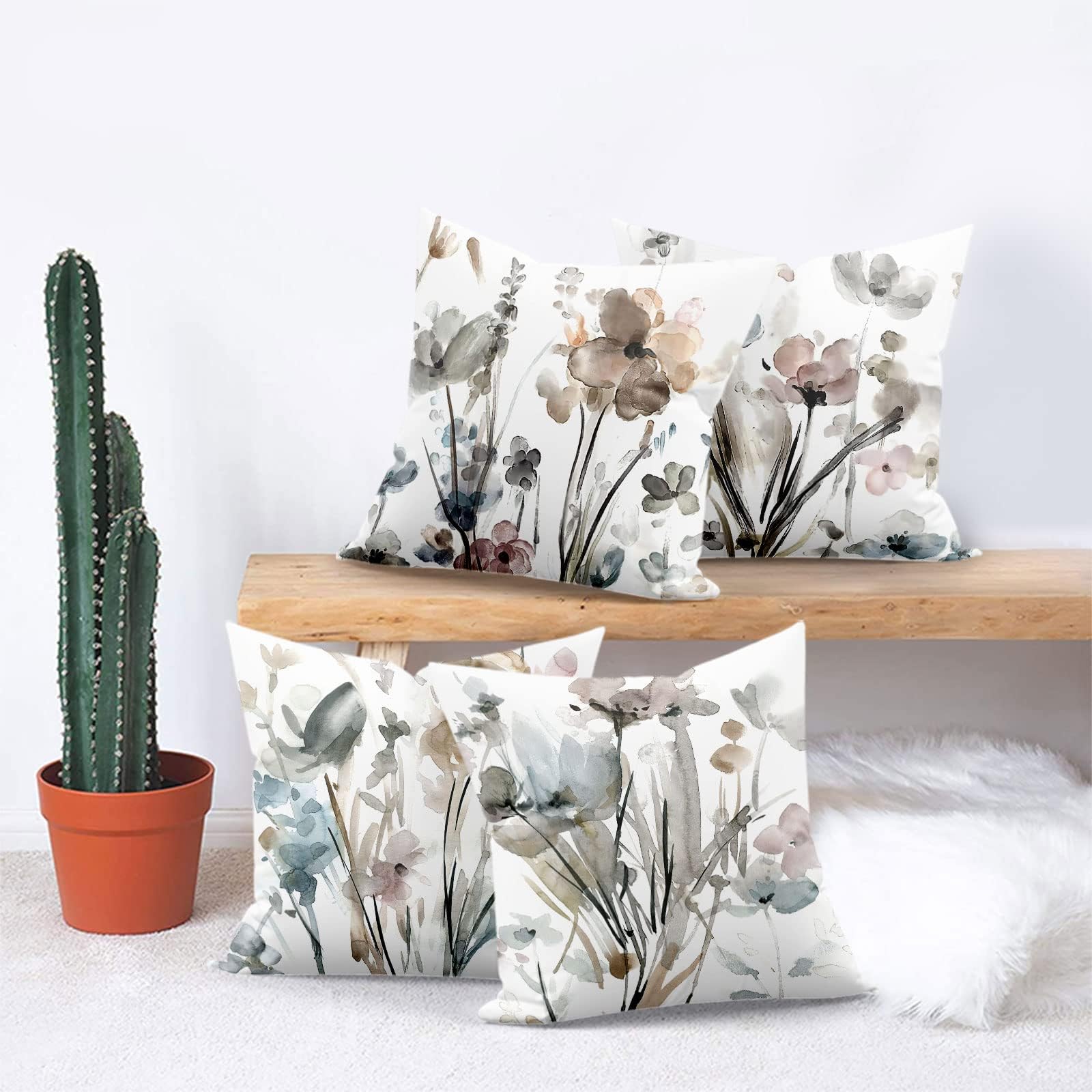 4 Pack Throw Pillow Covers 18 x 18 Inch, Decorative Pillow Covers, Double Sided Printing Soft Short Velour Cushion Covers, Flower Outdoor Home Decor for Couch Sofa Chair Bedroom Car, 45 x 45 cm