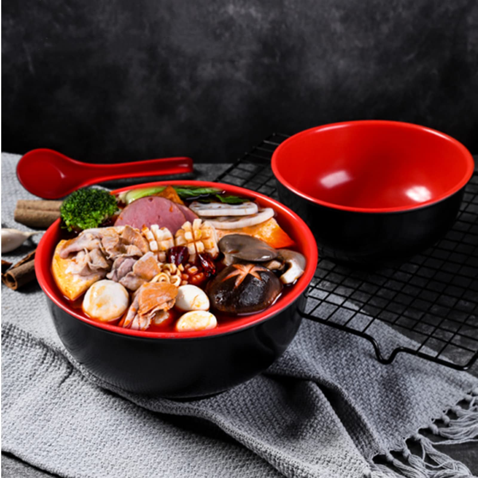 Lyellfe Set of 10 Miso Soup Bowl with Spoon, Restaurant Quality Melamine Cereal Rice Bowl, 16 Oz Unbreakable Japanese Dinnerware for Ramen, Udon Noodle, Dishwasher Safe