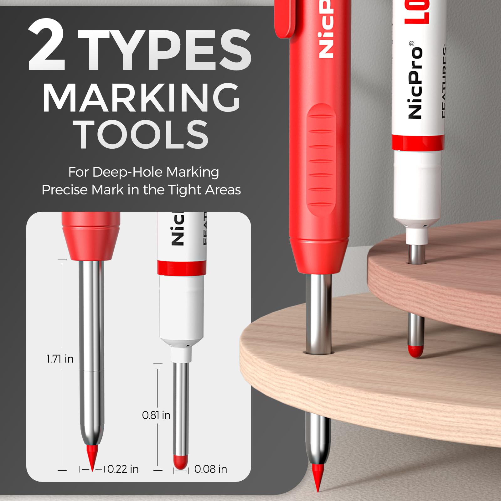 Nicpro 3 Pack CP1000 Carpenter Pencils with Sharpener, Mechanical Carpenter Pencil with 39 Refills, Deep Hole Long Nib Marker Pens for Construction, Heavy Duty Woodworking Pencil for Architect Marking