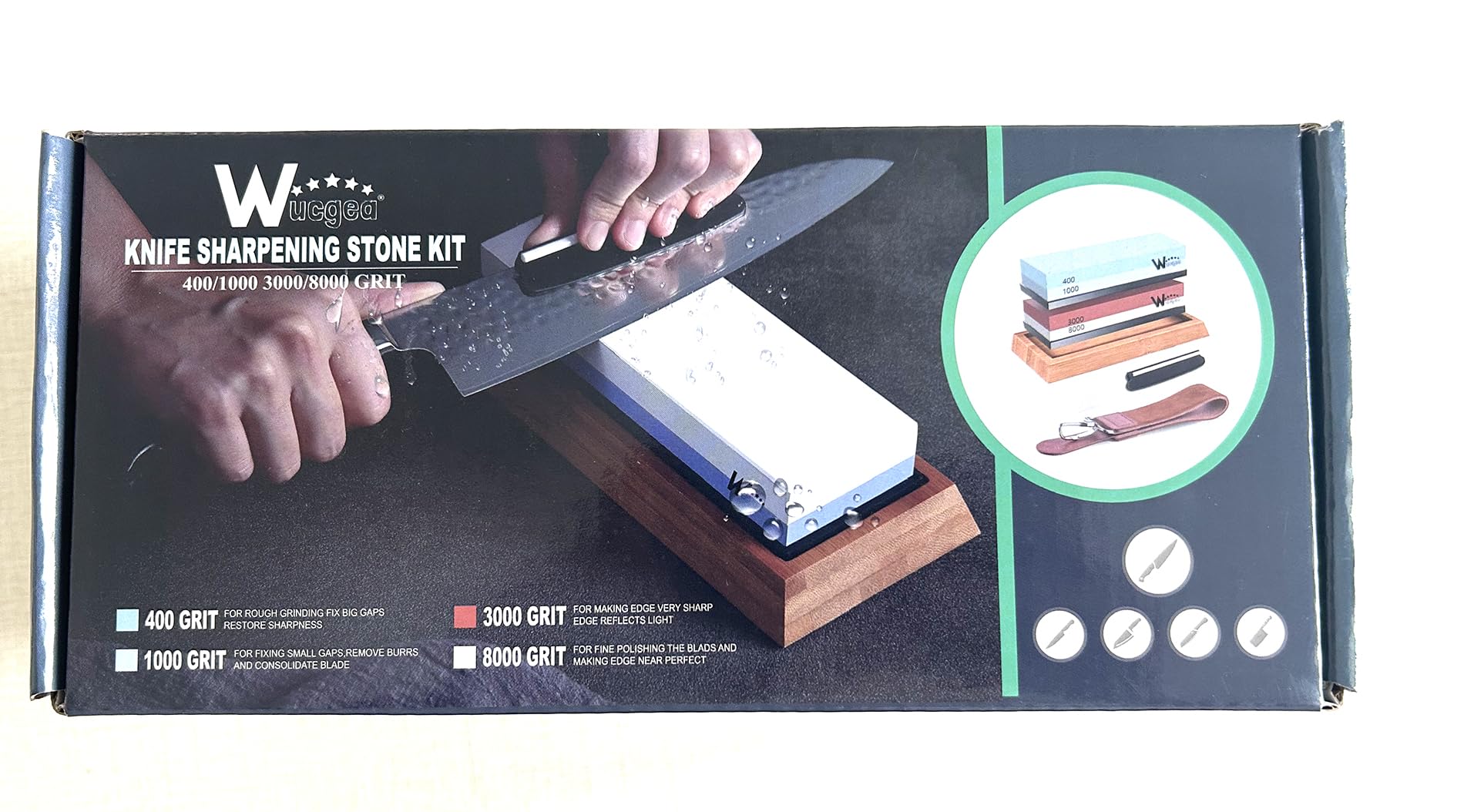 Wucgea Knife Sharpening Stone Kit - 400/1000 3000/8000 Grit Japanese Whetstone Sharpener Set with Non-Slip Rubber Base Angle Guide Flattening Stone and Leather Strop…