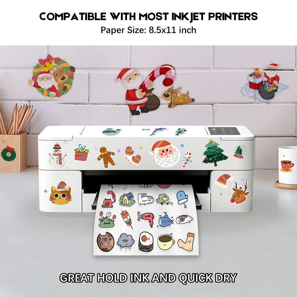 30 Sheets Premium Printable Vinyl Sticker Paper for Inkjet Printer, Clear 8.5x11 Inch Sticker Paper Waterproof, Dries Quickly, Vivid Colors, Tear Resistant, Great for Cutting Machines