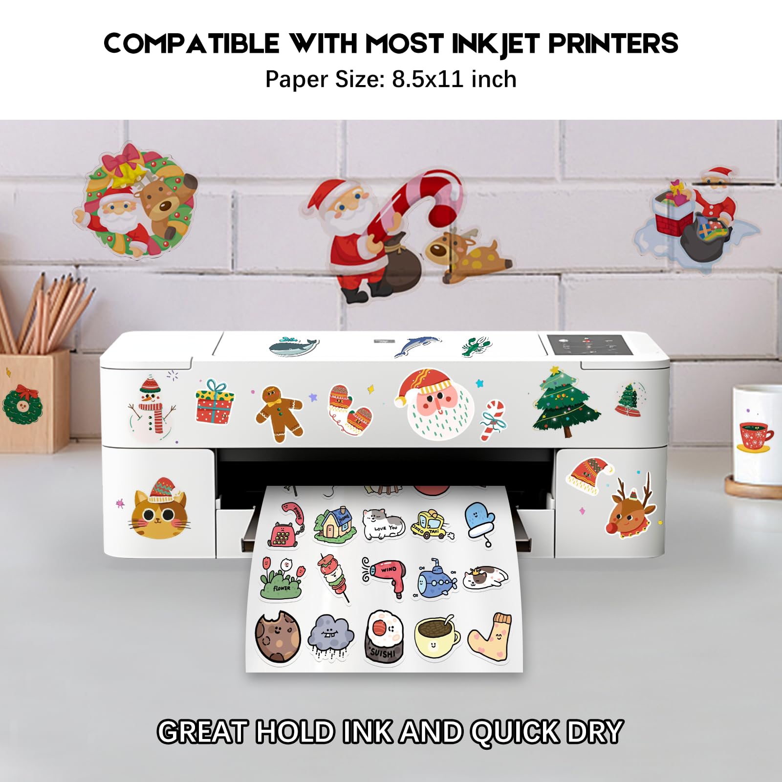 30 Sheets Premium Printable Vinyl Sticker Paper for Inkjet Printer, Clear 8.5x11 Inch Sticker Paper Waterproof, Dries Quickly, Vivid Colors, Tear Resistant, Great for Cutting Machines
