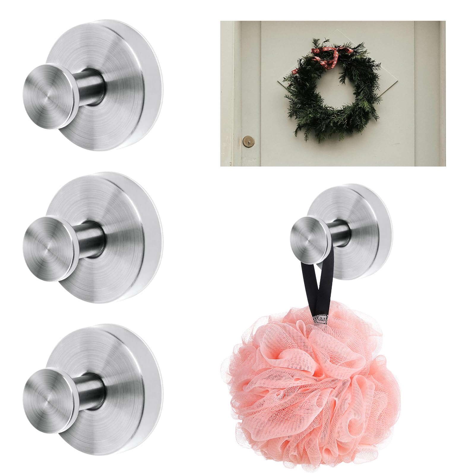 4 Pack Suction Cup Hooks for Bathroom Stainless Steel Shower Suction Hooks for Towels Utility Wall Hooks for Kitchen, Glass, Wreath, Window, Heavy Duty Waterproof Rustproof Self Adhesive (Silver)