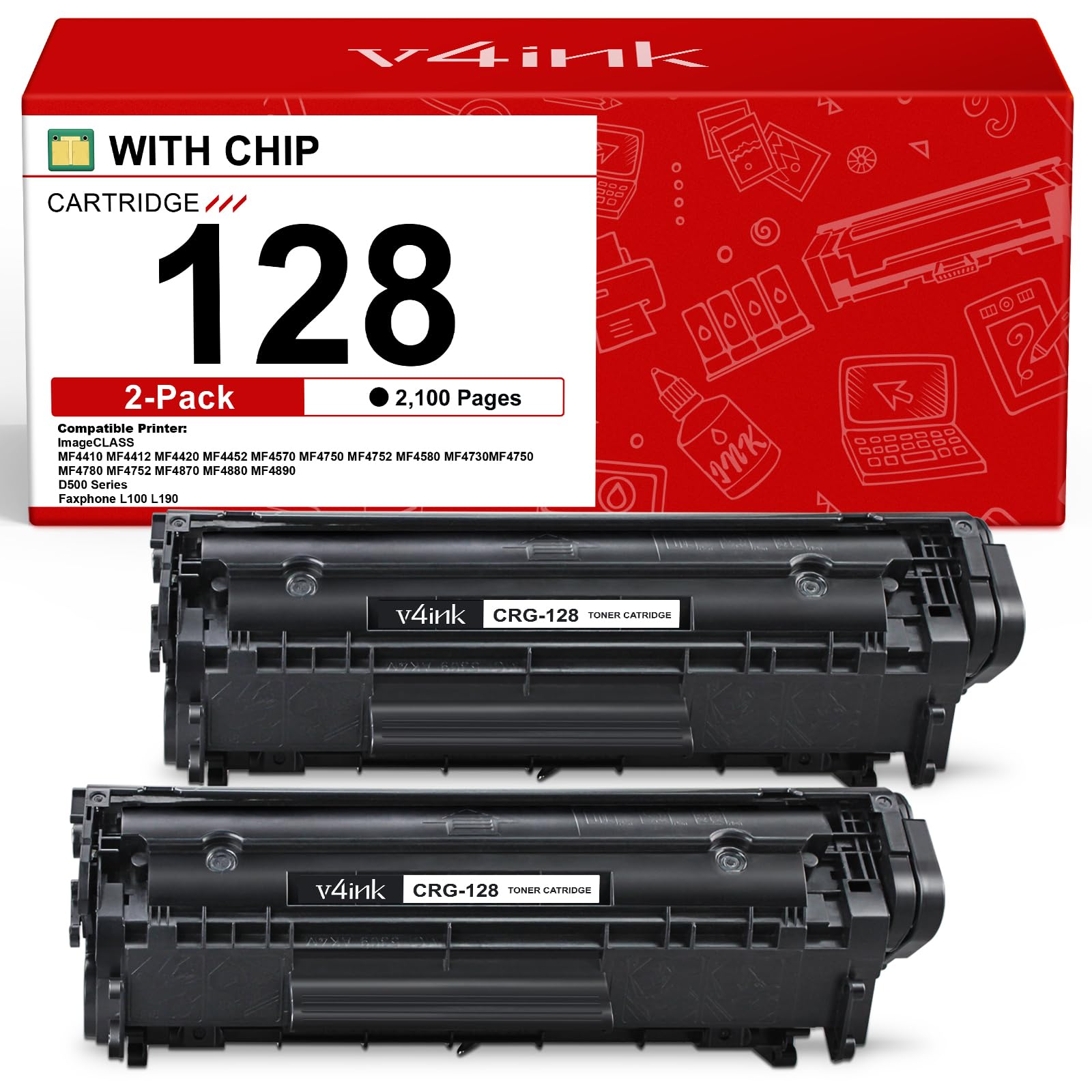 v4ink 2PK Compatible CRG-128 Toner Cartridge Replacement for Canon 128 Black Toner Cartridge Ink for Canon imageclass D530 D550 LBP6230dw MF4450 MF4570dw MF4770n MF4890dw MF4880dw Printer
