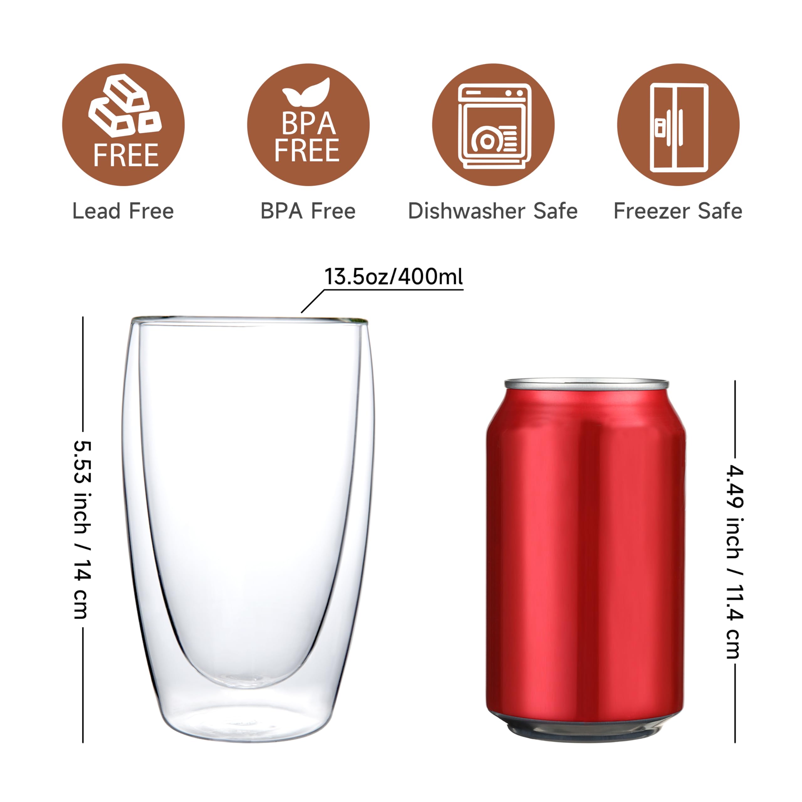 CnGlass Double Wall Thermo Glass Coffee Cup 13.5 oz,Clear Insulated Glass Coffee Mug,Set of 2