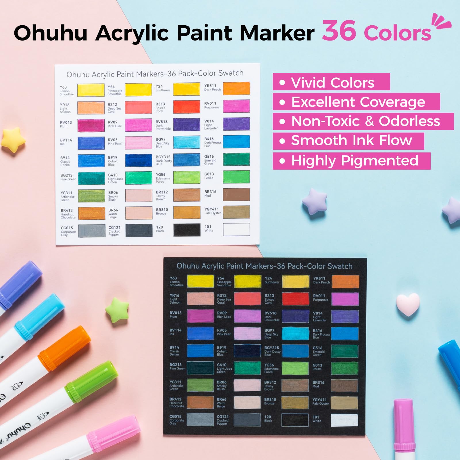 Acrylic Paint Pens 36 Colors, Ohuhu Dual Tips (Fine & Brush) Marker Pens - Waterproof Lightfast High Opacity Acrylic Markers for Rock Painting Easter Eggs Wood Glass Ceramic Canvas