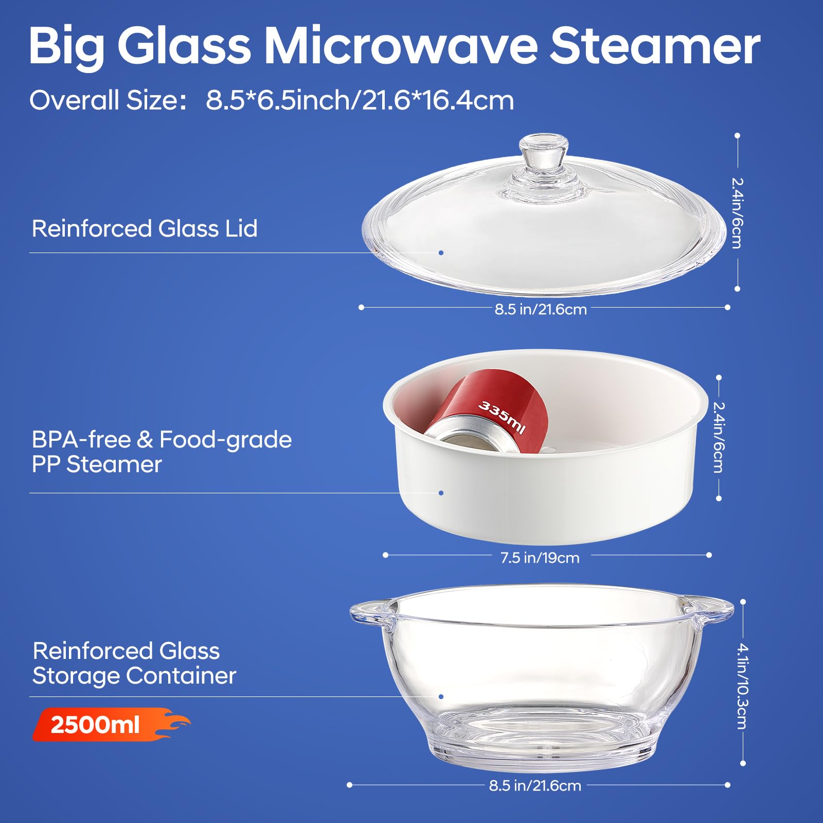 2.5L Glass Microwave Vegetable Steamer, Steamer for Cooking, Microwave Dumpling Fish Broccoli Bun Potato Food Cooker with Lid & Steaming Basket for Convenient Quick Healthy, BPA-Free, Dishwasher Safe