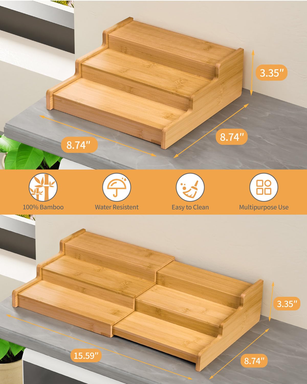 3-Tier Expandable Bamboo Spice Rack Organizer for Kitchen Cabinet & Pantry - Adjustable Wooden Storage Shelf, Countertop or Drawer Spice Rack for Canadian Kitchen