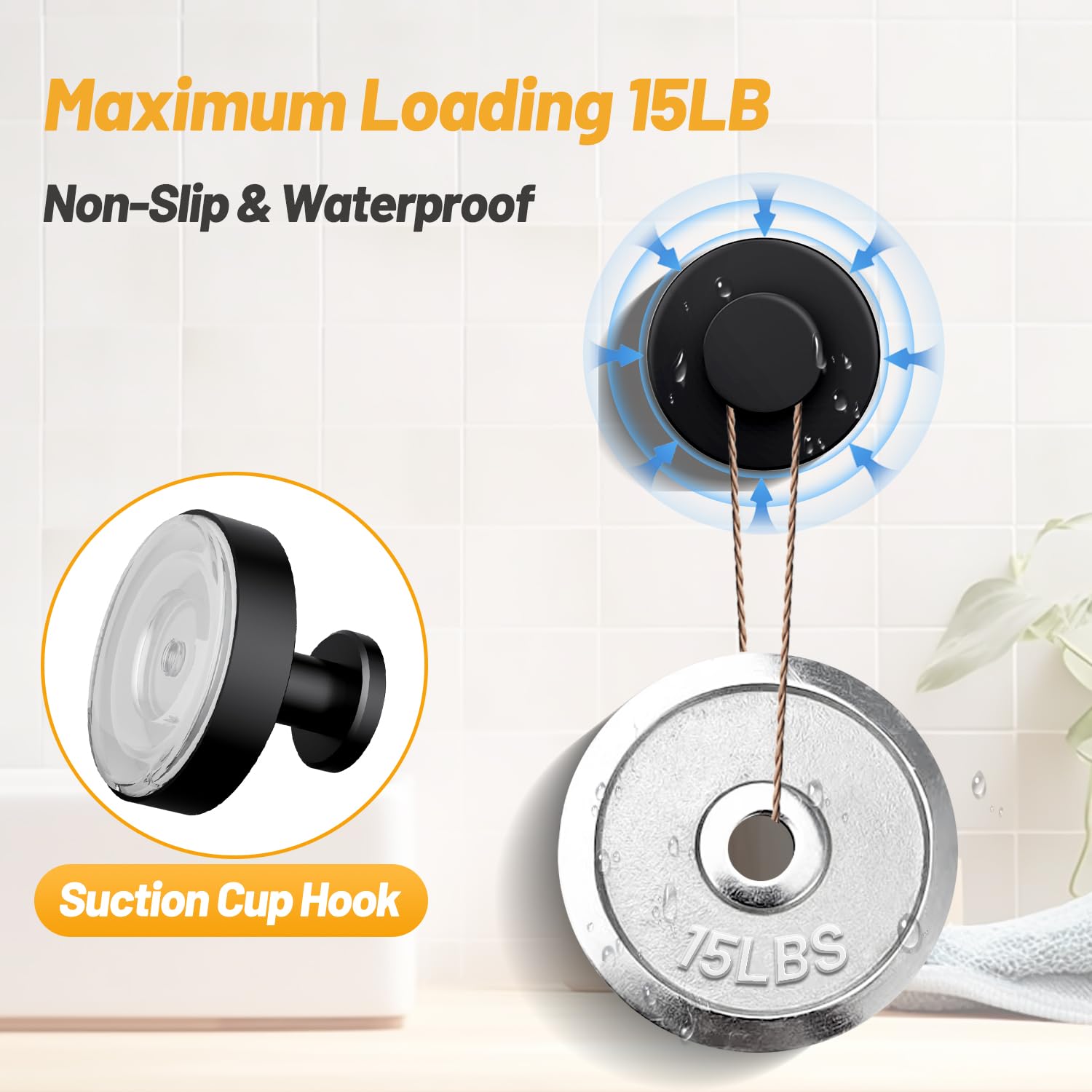 VEHHE Self-Adhesive Suction Cup Hooks, 4 Pack Waterproof Stainless Steel Shower Suction Hooks Weight Capacity 15lbs, Shower Hooks Suction for Wall, Kitchens, Glass, Mirrors (Black)