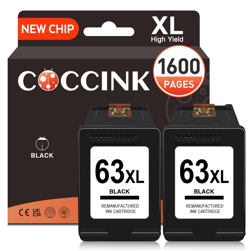 COCCINK 63XL Ink Cartridge Black for HP Envy 4520 4522 4512 4516 Officejet 3830 4650 5258 5200 4652 5222 Deskjet 3630 3632 3633 3634 3637 1112 2130 Work with HP 63 XL Printer Ink Combo Pack (2 Black)