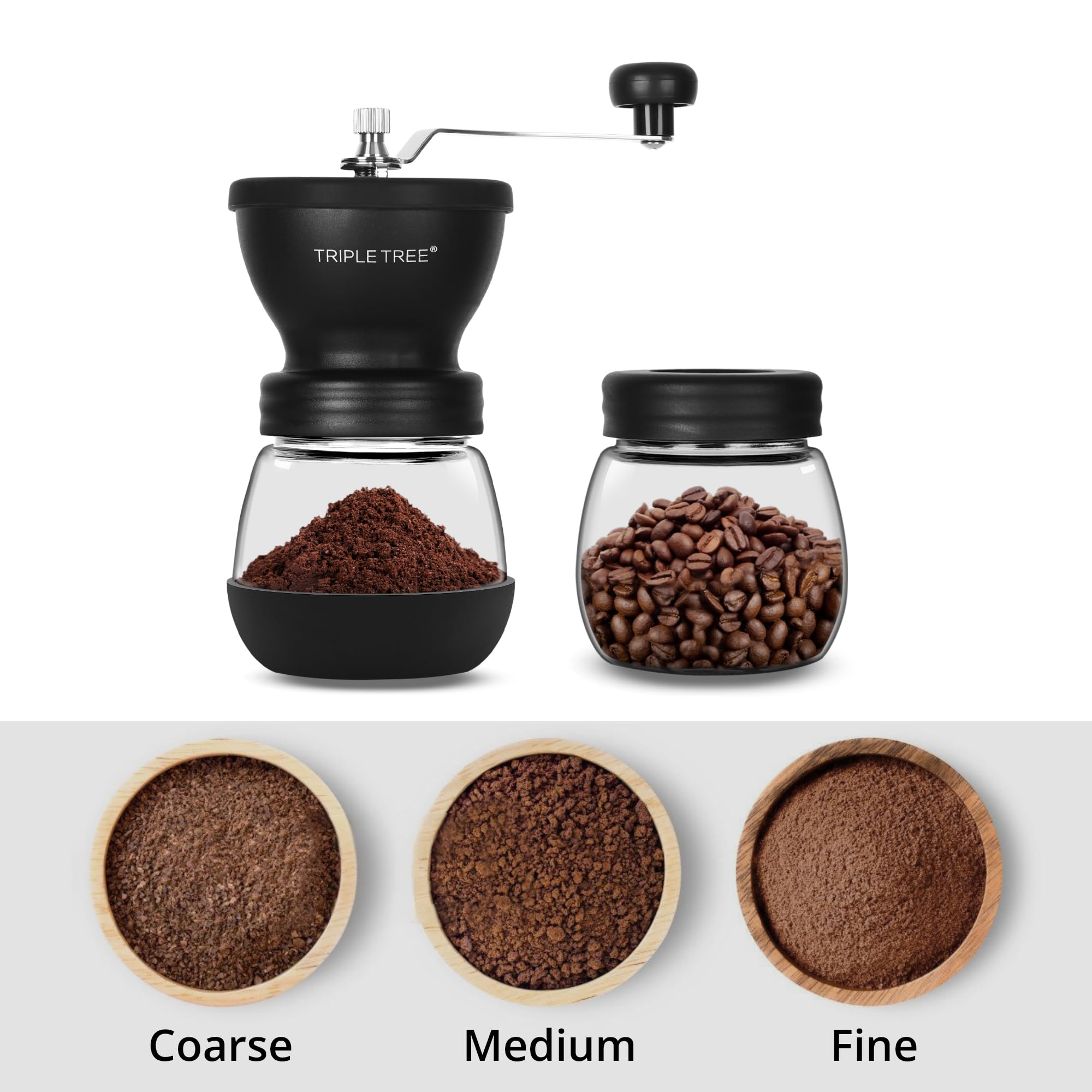 Manual Coffee Grinder with Ceramic Burrs and Lengthen Stainless Steel Handle, Hand Coffee Mill with 2 Glass Jars(11oz Each), Brush and Tablespoon Scoop, Coffee Bean Grinder for Camping, Black