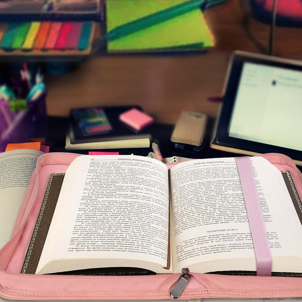 CITYCHASE Bible Cover for Women - Leather Study Case with Bookmark, Supplies Carrying Bag Tote with Strap, Personalized Book Organizer for Journaling - Pink