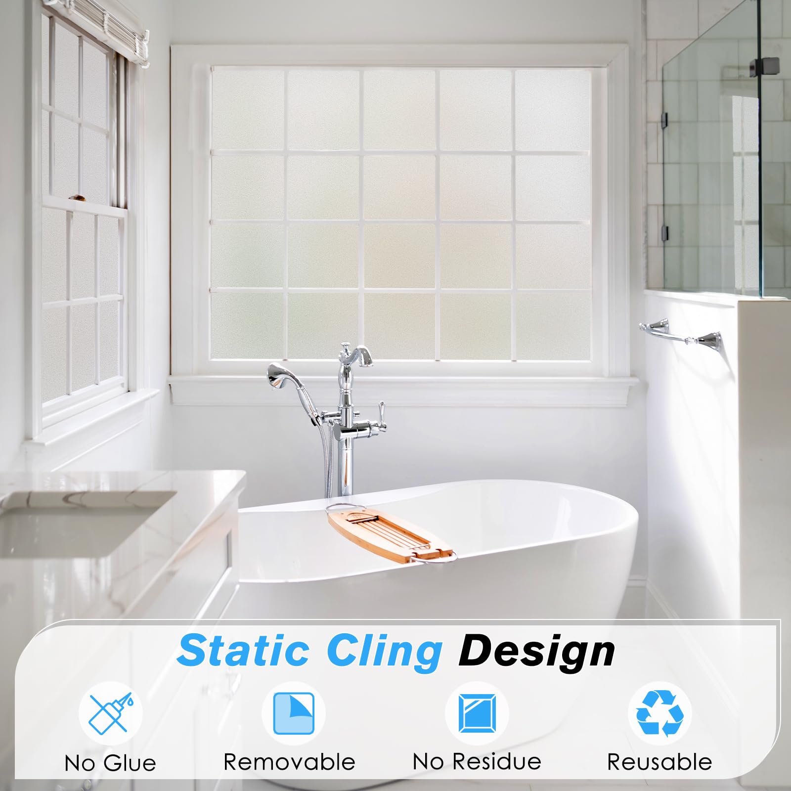 Haton Window Films for Privacy, Static Cling Frosted Glass Film, Sun Heat Blocking Privacy Window Tint, Anti-Glare Removable Frosting Sticker Covering for Home Bathroom, Pure 60 x 200cm