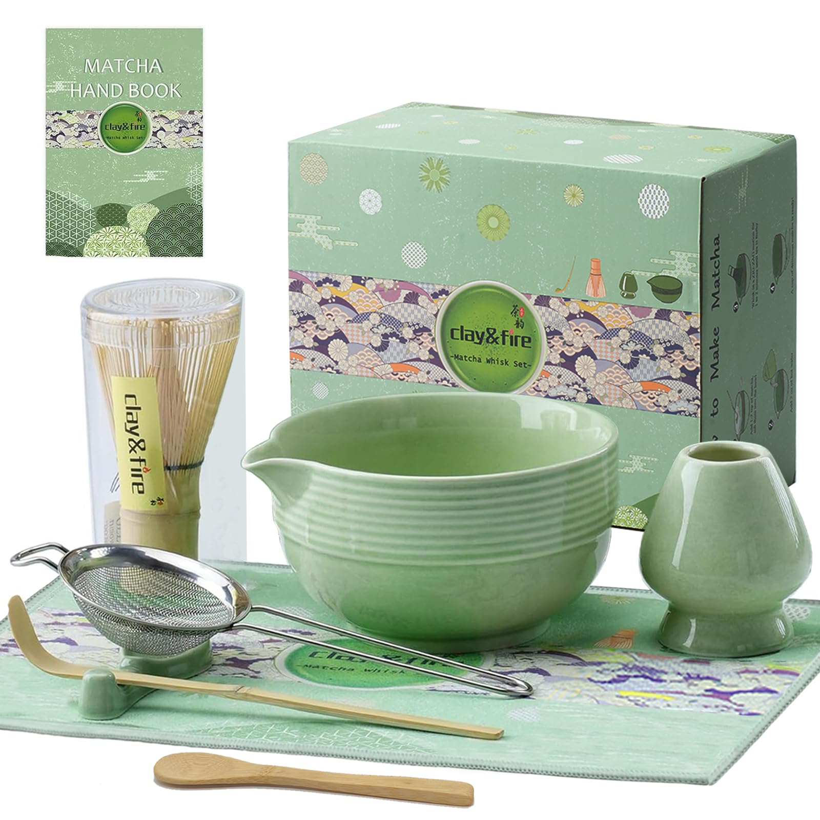 Clay&Fire Matcha Whisk Set, 9 Pcs Ceramic Matcha Set, Matcha Bowl with Spout and Whisk, Matcha Tea Kit for Matcha Lovers, Ideal Gift for Friend
