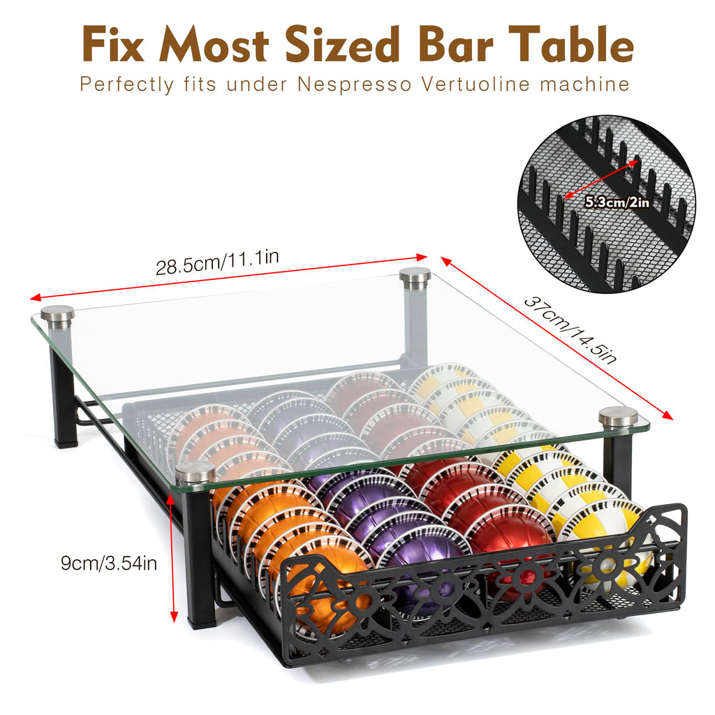 RECAPS Crystal Tempered Glass Organizer Drawer Holder Compatible with Nespresso Vertuo Capsules, K Cup Pod Drawer Coffee Maker Machine Stand.