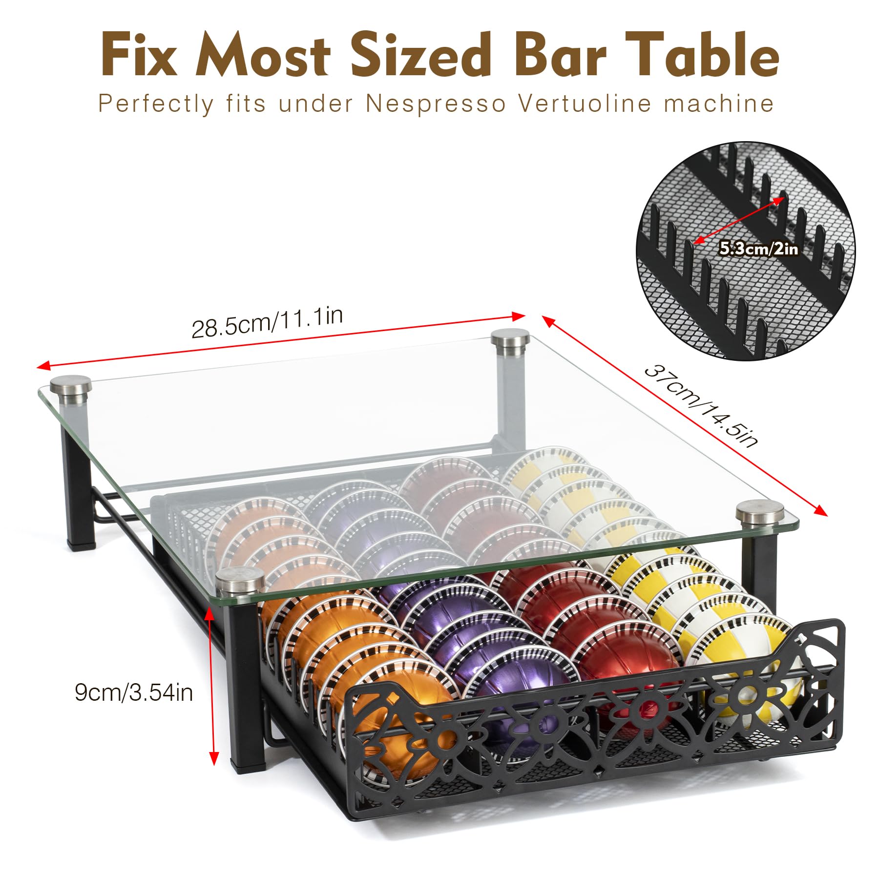 RECAPS Crystal Tempered Glass Organizer Drawer Holder Compatible with Nespresso Vertuo Capsules, K Cup Pod Drawer Coffee Maker Machine Stand.
