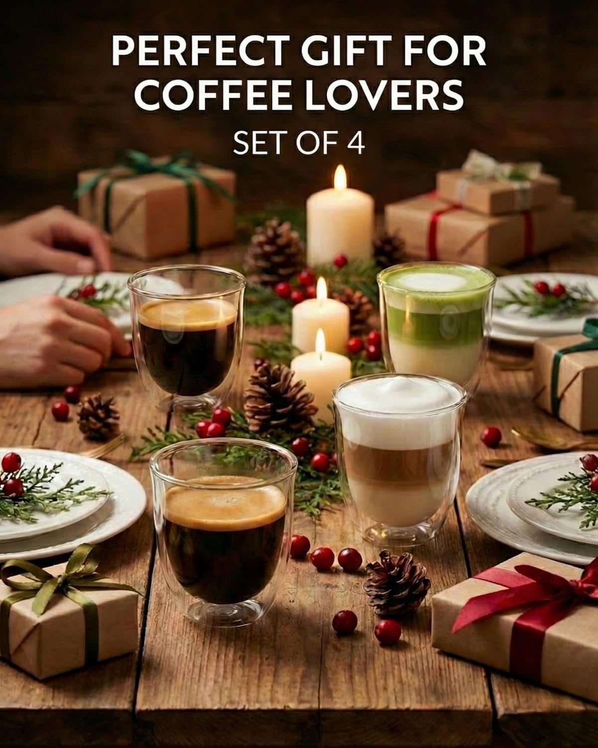 5oz / 150ml Double Walled Espresso Cups, Set of 4 - Glass Coffee Mugs for Cortado, Lungo & Nespresso - Clear Thermal Insulated Demitasse for Cappuccino & Latte - Modern Tasse à Café