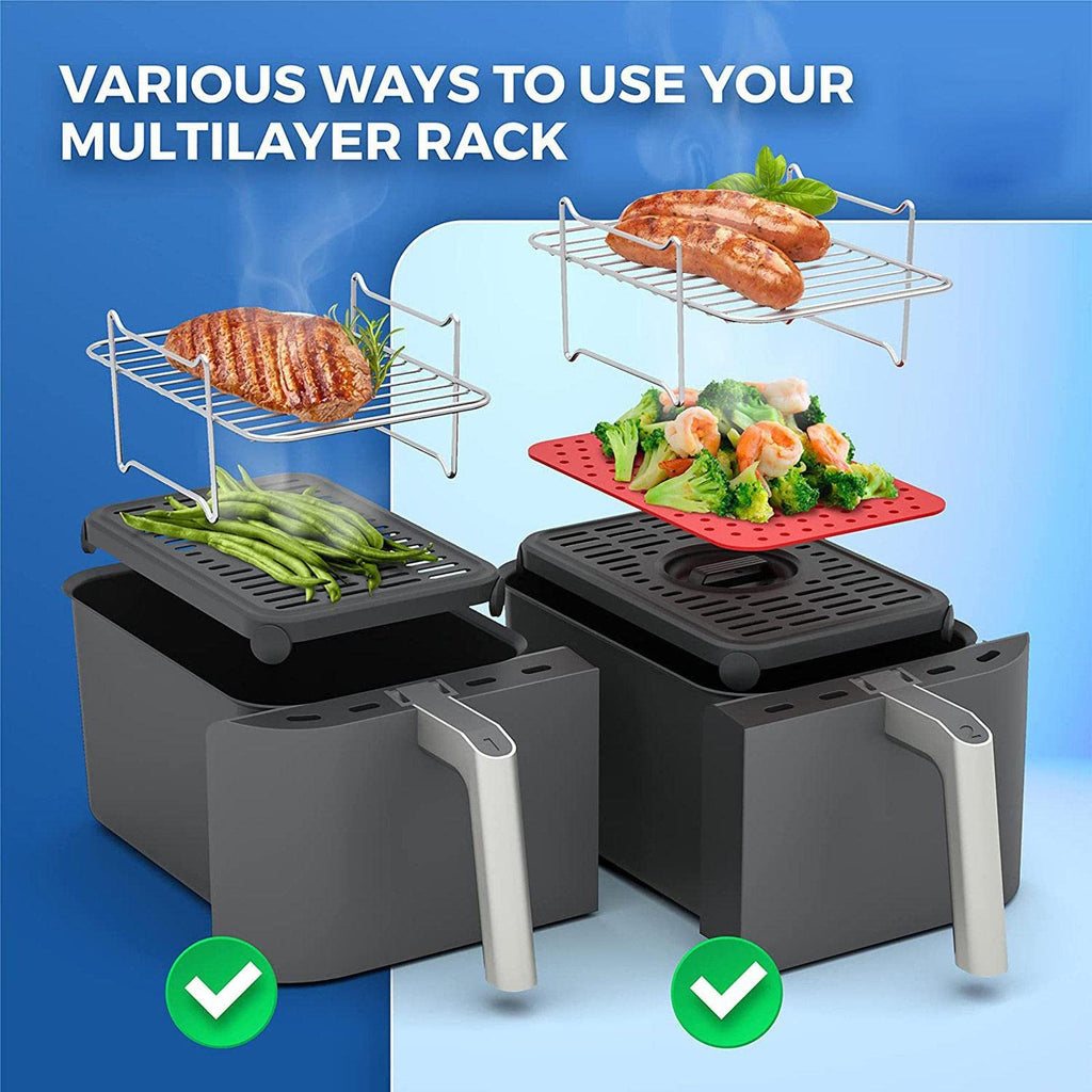 [2-Pack] Air Fryer Rack for Ninja Foodi DZ201/DZ401 | Stainless Steel Multi-Layer Rectangle Stackable Dehydrator Rack | Accessories Compatible with Ninja Foodi Double Basket Air Fryers