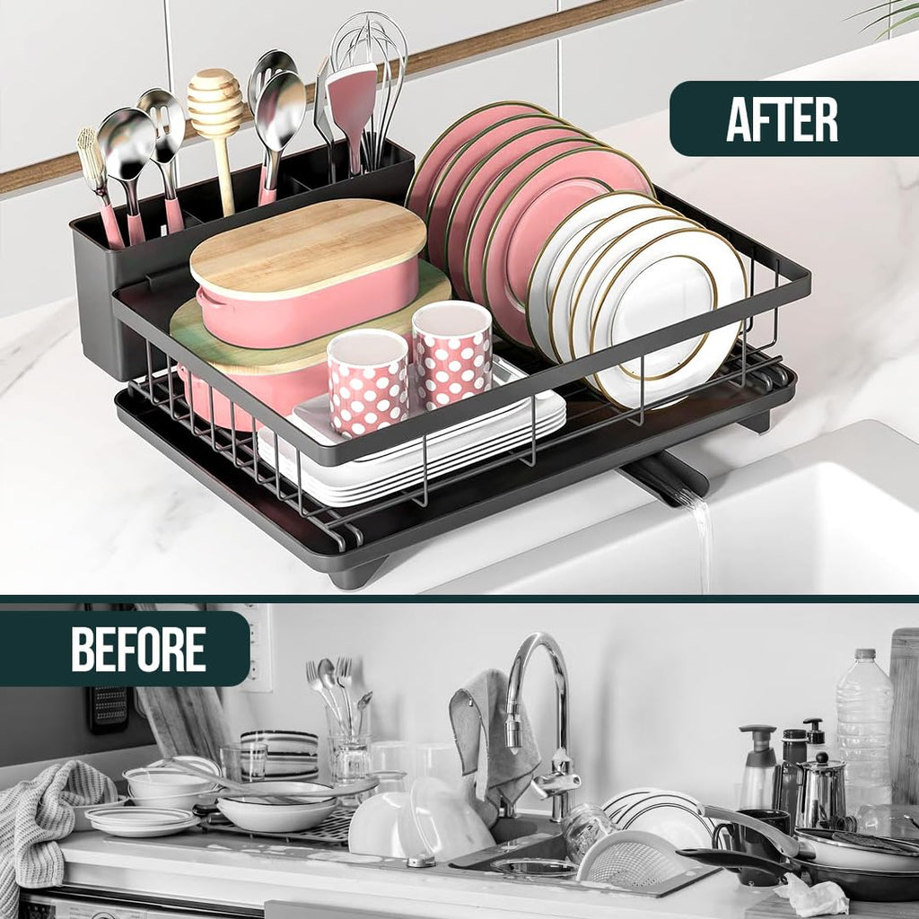 Space-Saving 2-Tier Dish Drying Rack with drip Tray, Swivel spout, Utensil Holder and More, Perfect for Small Kitchen counters and Keeping Things Neat