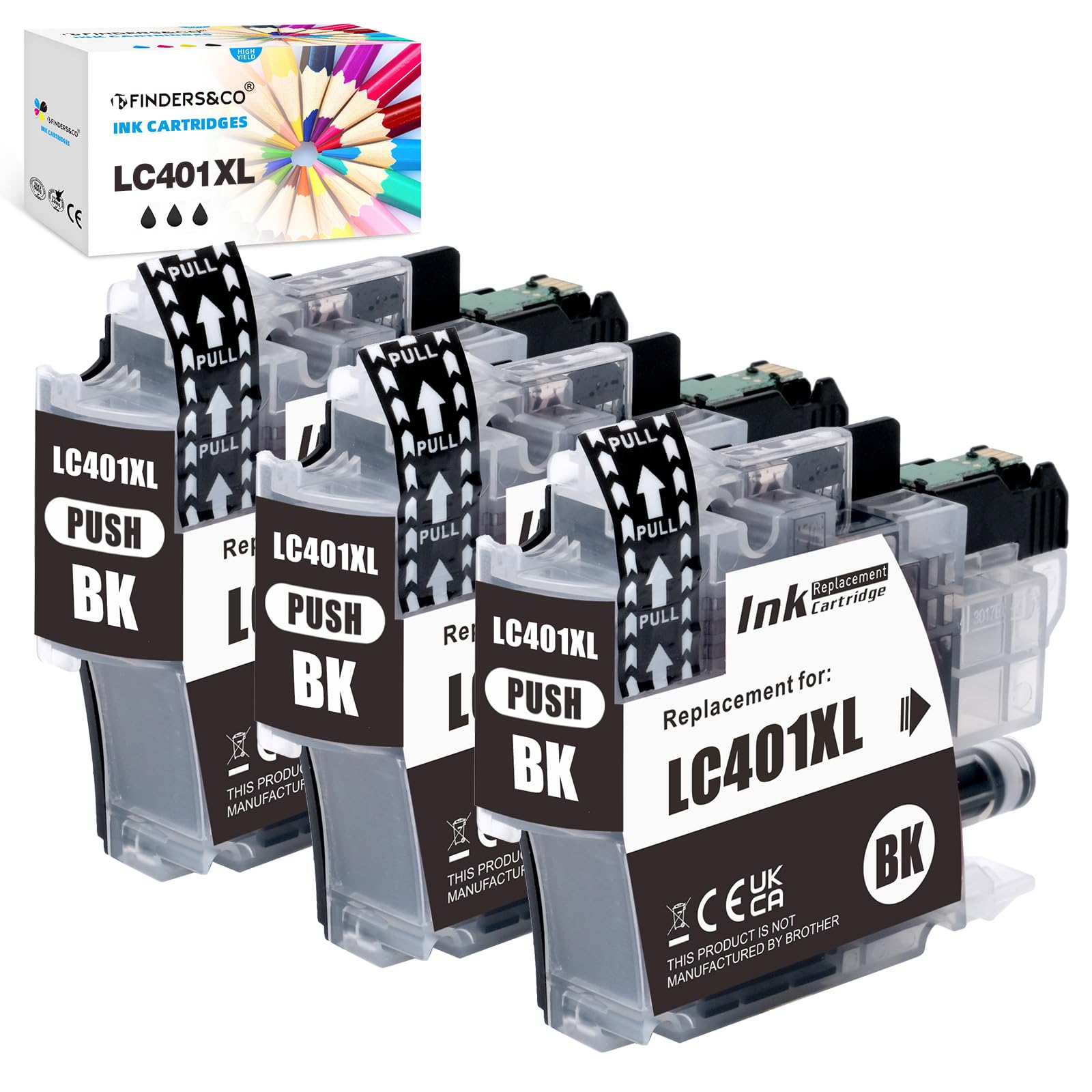LC401XL BK Black Ink Cartridges High Yield Replacement for Brother LC 401XL LC-401 Ink Use with Brother MFC-J1010DW MFC-J1012DW MFC-J1170DW Printer (3X 401XLBK)